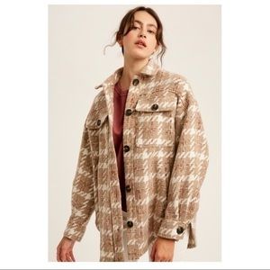 FOXHURST:Taupe Herringbone Plaid Shirt Jacket